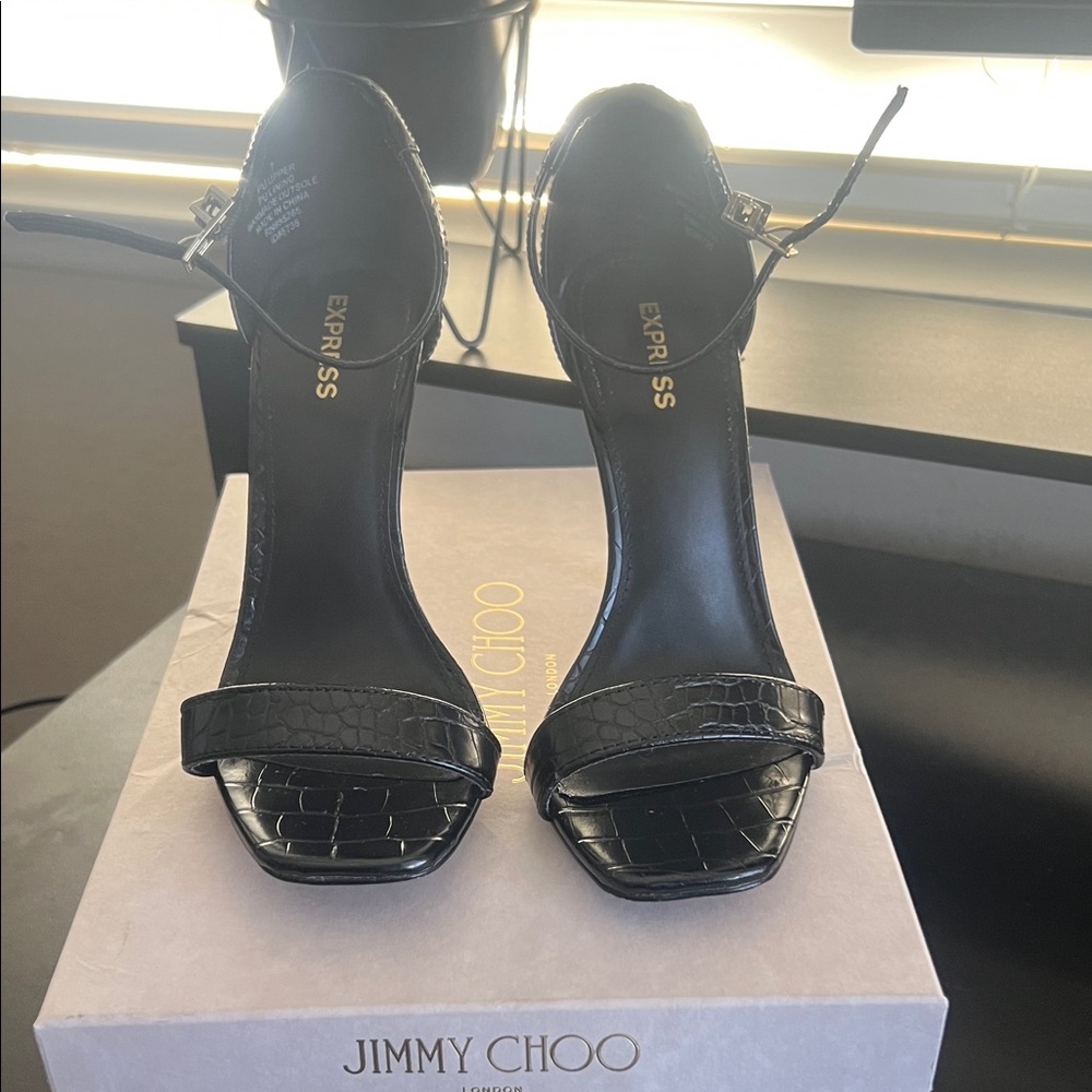 Express Black Croc-Embossed Stiletto Sandals with Ankle Strap
